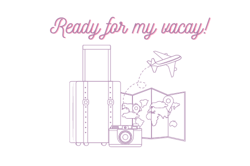 Ready for my vacay, pictures of luggage, camera, map, airplane